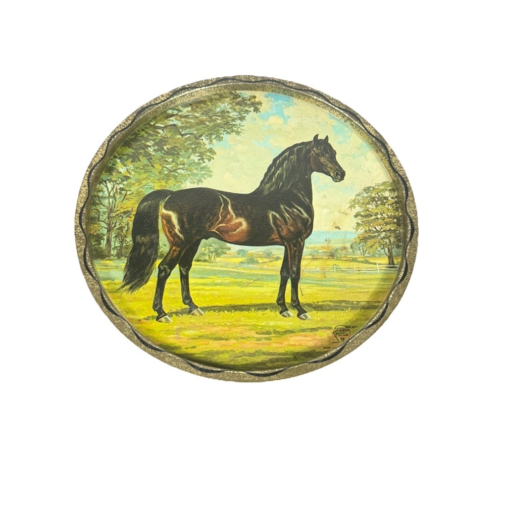 Jeanne Mellin Morgan Horse Metal Tray 1966 Round 11" Beautiful Equestrian